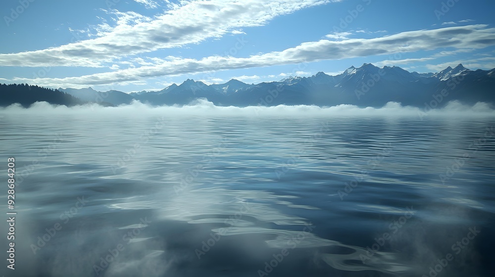 Fototapeta premium Misty Morning Landscape with Mountain Range and Calm Water
