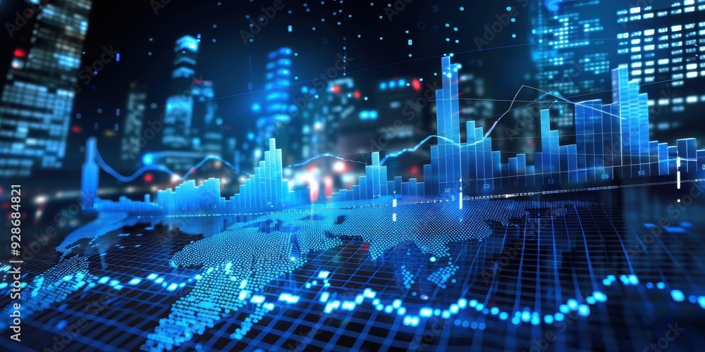 Fototapeta premium Futuristic cityscape with glowing graphs and data visualizations, symbolizing finance and technology advancements.