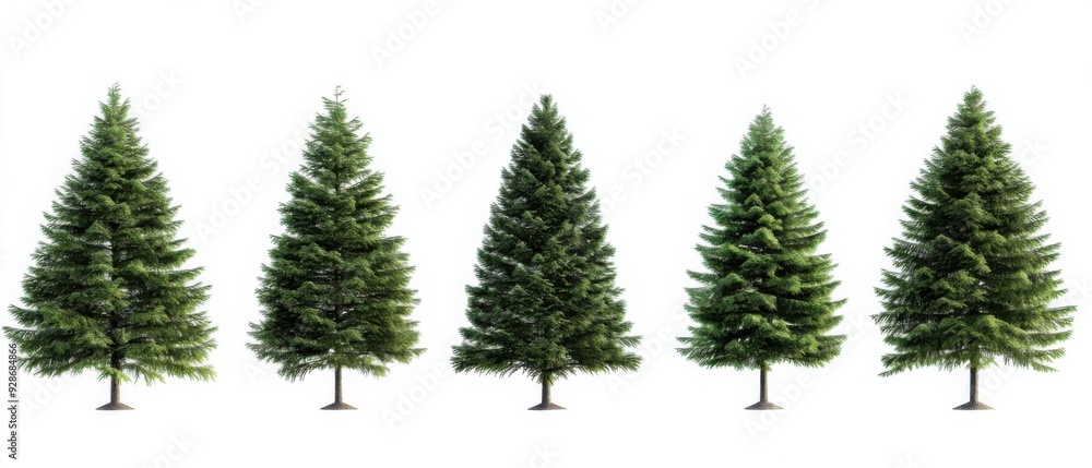 A lineup of five lush evergreen trees against a white background, highlighting their symmetrical shapes and vibrant greenery. A lineup of five lush evergreen trees against a white background, highlighting their symmetrical shapes and vibrant greenery.