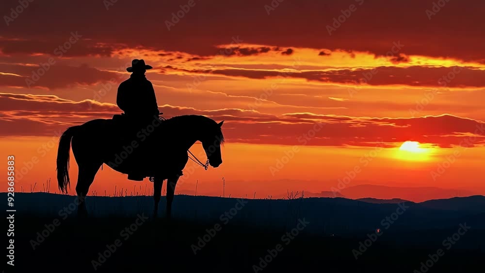Silhouette of Cowboy on Horse at Sunset Silhouette of Cowboy on Horse at Sunset