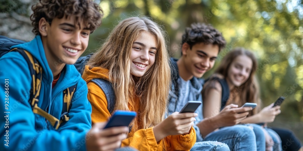 Fototapeta premium Group of teenagers with smartphone outdoor, Generative AI
