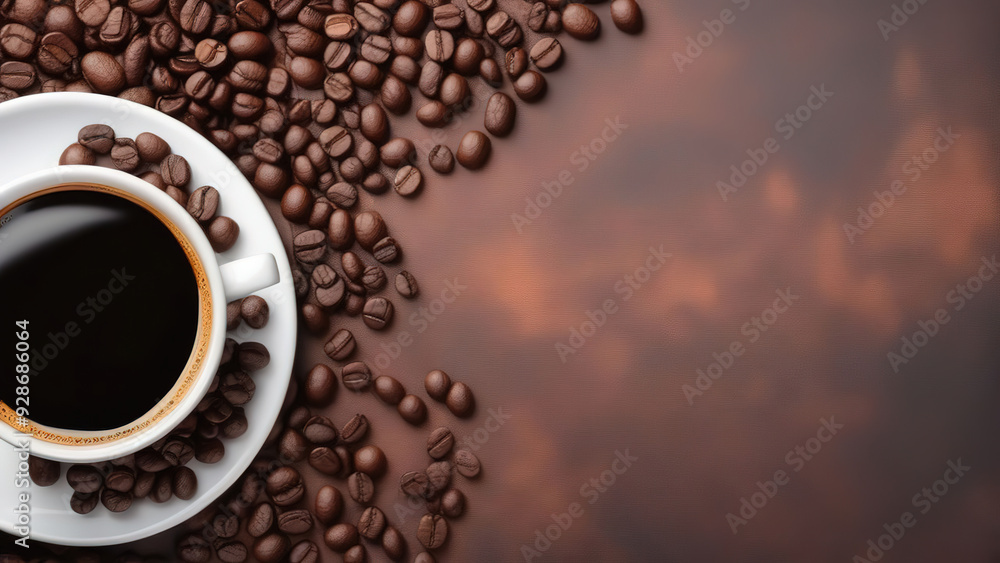Coffee cup with beans, black coffee, brown background. Coffee cup with beans, black coffee, brown background.
