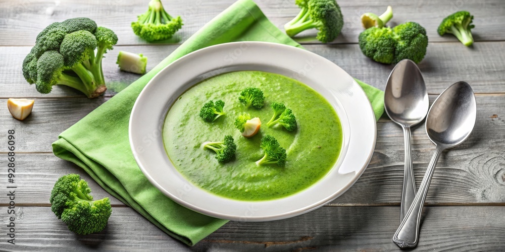 Creamy Broccoli Soup with Fresh Garnish, White Plate, Green Napkin, Wooden Background, broccoli soup , healthy soup , green soup Creamy Broccoli Soup with Fresh Garnish, White Plate, Green Napkin, Wooden Background, broccoli soup , healthy soup , green soup