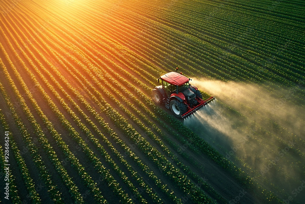 Tractor spraying pesticides on corn field with sprayer at spring Tractor spraying pesticides on corn field with sprayer at spring