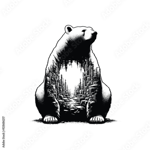 silhouette of Polar bear posefilled with destroyed futuristic dystopia environment in rough drawing,