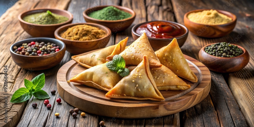 Crispy Samosas with Spices and Mint on Wooden Board, Indian Food, Appetizer, Snack, Cuisine Crispy Samosas with Spices and Mint on Wooden Board, Indian Food, Appetizer, Snack, Cuisine