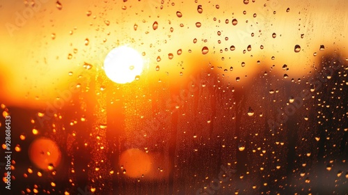 A beautiful scene of an orange sunset through wet glass, with raindrops and bokeh creating a tranquil atmosphere after the rain.