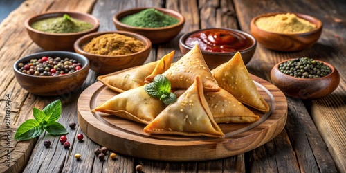 Crispy Samosas with Spices and Mint on Wooden Board, Indian Food, Appetizer, Snack, Cuisine