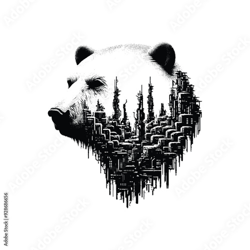 silhouette of Polar bear filled with destroyed futuristic dystopia environment in rough drawing,