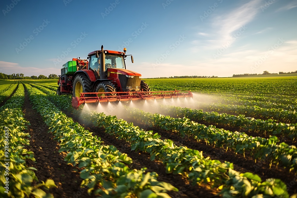 Farmer on a tractor with a sprayer makes fertilizer for young vegetables Farmer on a tractor with a sprayer makes fertilizer for young vegetables