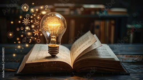 Light bulb with brain and cogwheels or gears flying above the open book, education and knowledge concept illustration. Creative thinking innovation, mind intelligence, university school collage