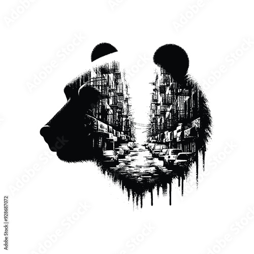 silhouette of Polar bear filled with ghetto street in rough drawing,