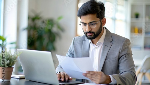 An Indian insurance specialist meticulously reviewing insurance policy documents. 