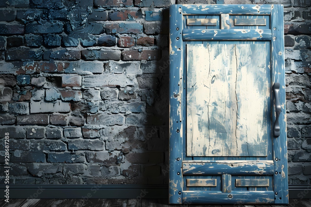 Naklejka premium Old Blue Wooden Door Against a Brick Wall