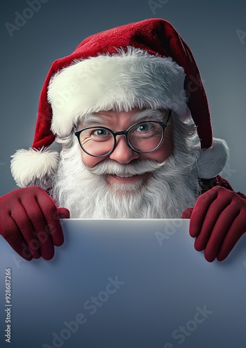 Un Père Noël souriant avec des lunettes, regardant par-dessus une bannière blanche, affichant une expression faciale amusante, image avec espace pour texte. photo