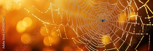 Une toile d'araignée aux teintes dorées et aux lumières scintillantes sur un fond orange créant une atmosphère d'automne mystérieuse pour le thème d'Halloween.