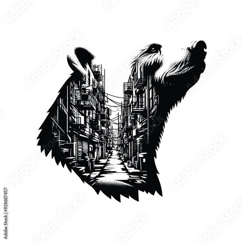 silhouette of Polar bear filled with ghetto street in rough drawing,