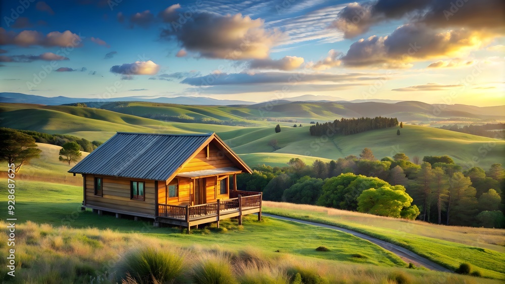 Tranquil countryside retreat with wooden house nestled amidst rolling hills and clear skies, serene, peaceful Tranquil countryside retreat with wooden house nestled amidst rolling hills and clear skies, serene, peaceful