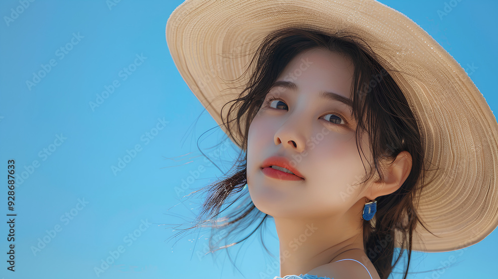 Beautiful Asian Korean woman with her smile on a sky blue background Beautiful Asian Korean woman with her smile on a sky blue background