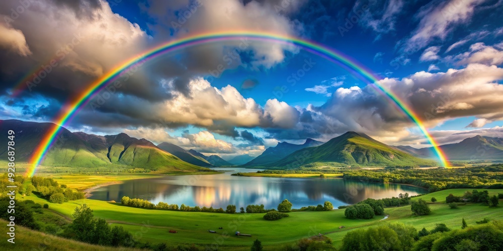Obraz premium Double Rainbow Over Mountain Lake, nature , landscape , scenery , rainbow