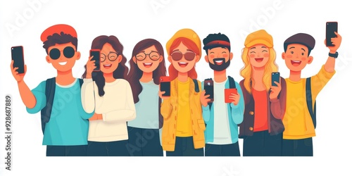 Group of young stylish modern teenagers people with smartphones and making selfie together isolated on white background.  flat illustration, Generative AI