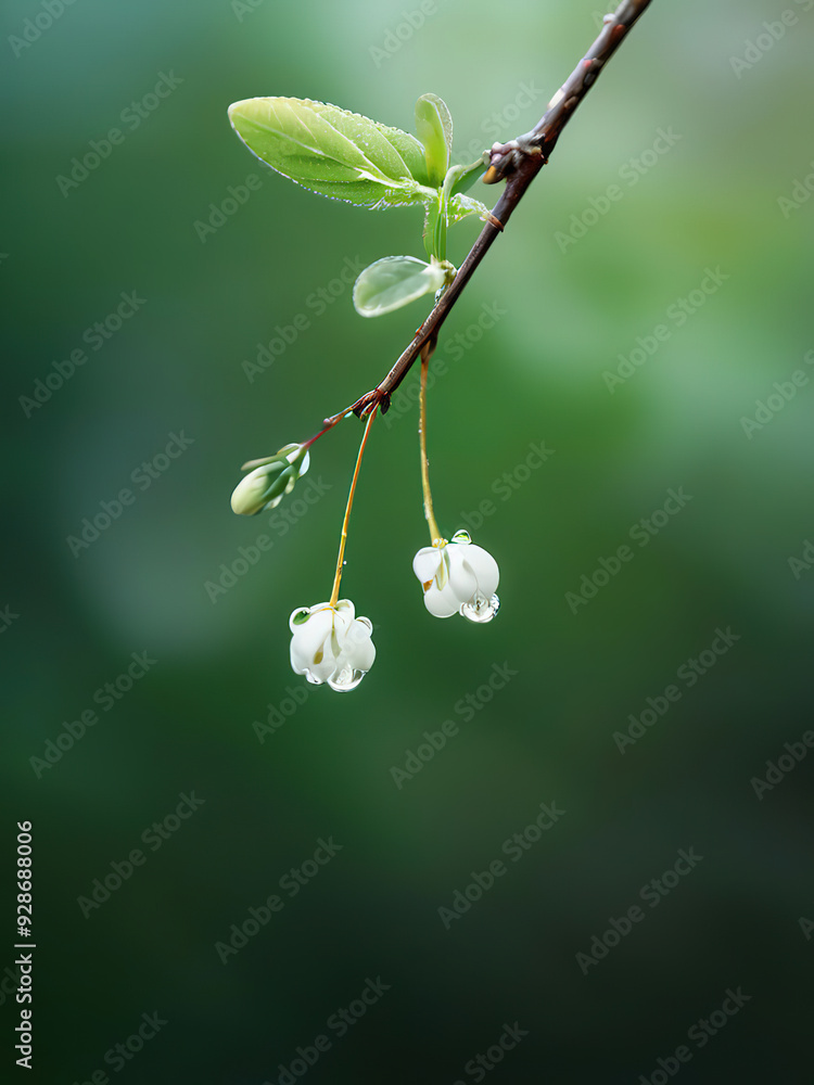 Close-up of delicate white blossoms on a branch with water droplets. Close-up of delicate white blossoms on a branch with water droplets.