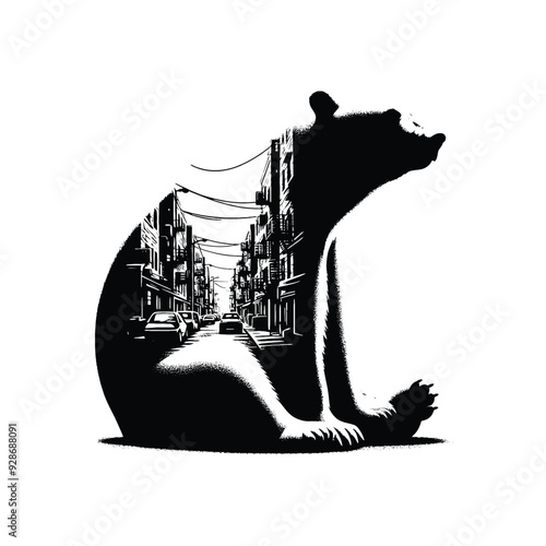 silhouette of Polar bear posefilled with ghetto street in rough drawing,