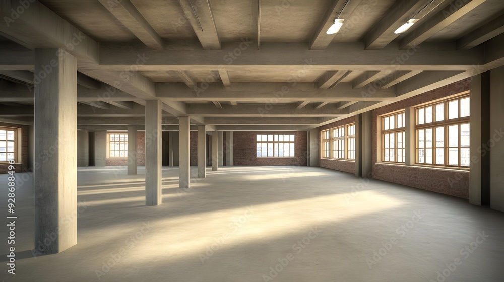 Empty Industrial Building With Large Windows And Exposed Beams Empty Industrial Building With Large Windows And Exposed Beams