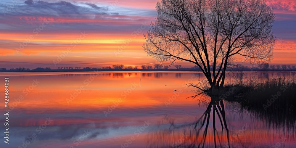 Stunning sunset over calm water with vibrant colors, silhouetted tree, and serene reflection creating a peaceful landscape. Stunning sunset over calm water with vibrant colors, silhouetted tree, and serene reflection creating a peaceful landscape.