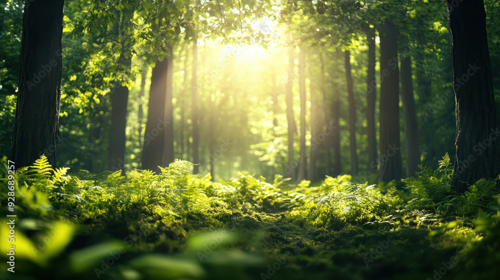 Obraz premium Sunlight streaming through dense forest trees on a vibrant green undergrowth of ferns, creating a serene and peaceful atmosphere