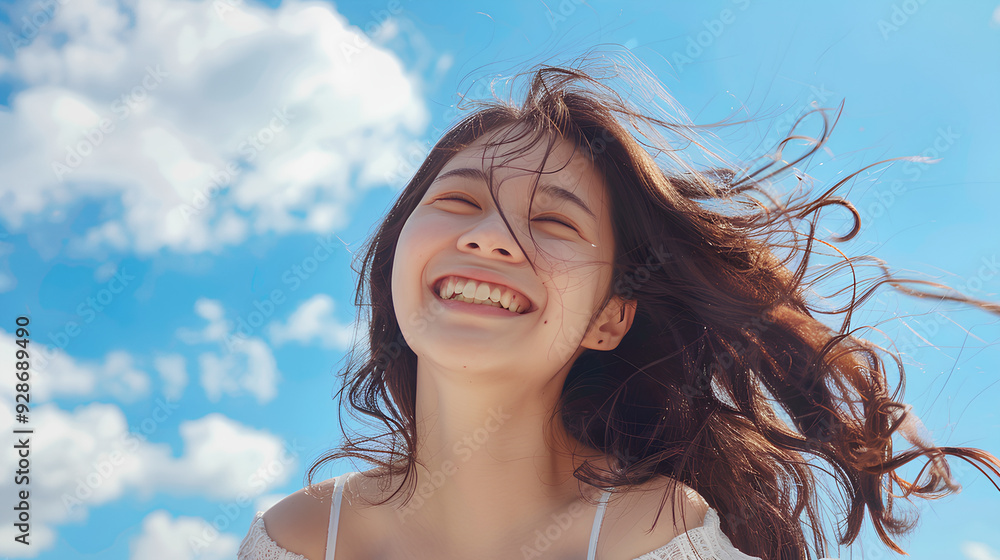 Beautiful Asian Korean woman with her smile on a sky blue background Beautiful Asian Korean woman with her smile on a sky blue background