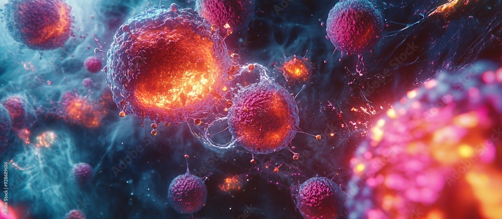Close-up of glowing red and pink orbs with glowing light emanating from their surface against a dark background with blue smoke and wisps. Close-up of glowing red and pink orbs with glowing light emanating from their surface against a dark background with blue smoke and wisps.