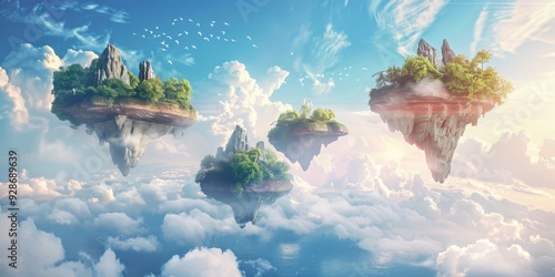 Surreal floating islands amidst cloud formations, bathed in sunlight, creating a magical and dreamlike landscape.