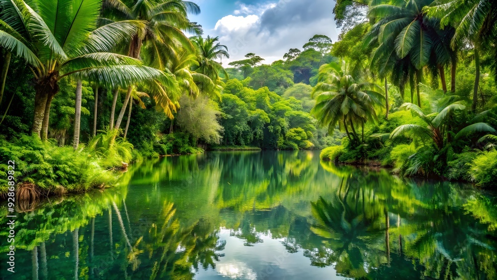 Tropical forest with tranquil lake reflecting lush greenery and exotic flora, tropical, forest, lake, landscape, lush Tropical forest with tranquil lake reflecting lush greenery and exotic flora, tropical, forest, lake, landscape, lush