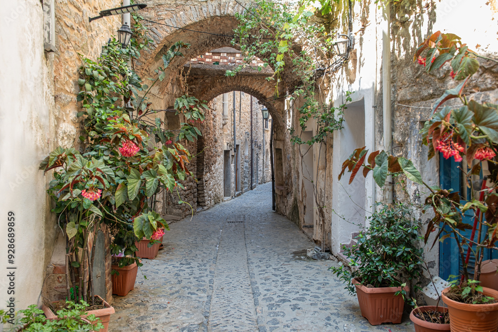 The old village of Mesta is one of the main Mastihochoria villages in Chios, Greece.Chios stone houses, streets.
