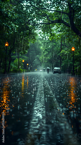 Mystical Journey: A Car Travels Through a Rain-Swept Forest Road
