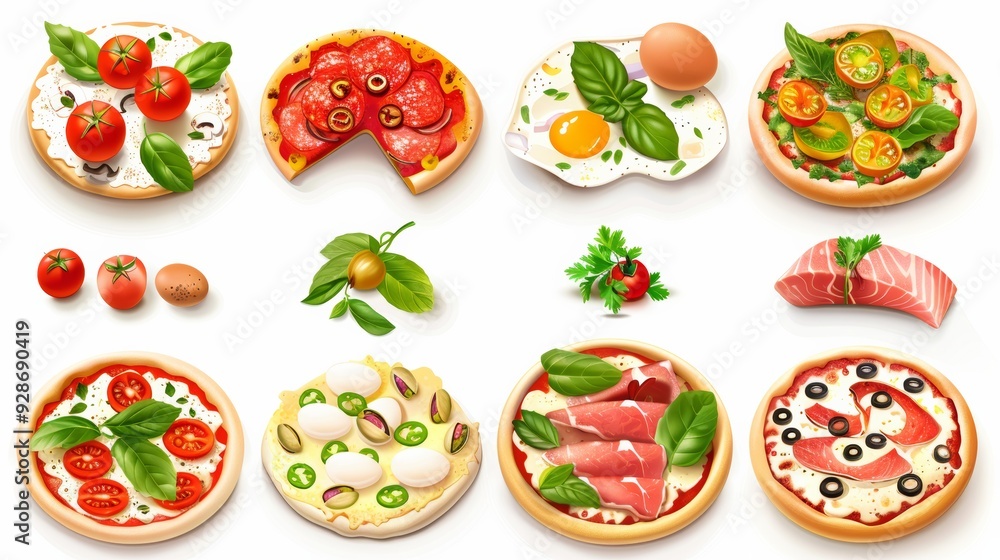 Set of eight icons of delicious food and snacks for cafes and bars restaurants on white background: pizza, pistachio, fish, salami, tomato, herbs, egg. Set of eight icons of delicious food and snacks for cafes and bars restaurants on white background: pizza, pistachio, fish, salami, tomato, herbs, egg.