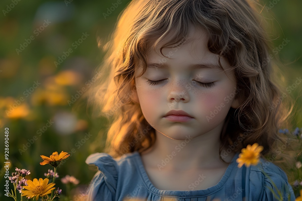 Little girl finds peace amidst a meadow bathed in the warm glow of sunset, her eyes closed as she embraces the beauty of nature. Little girl finds peace amidst a meadow bathed in the warm glow of sunset, her eyes closed as she embraces the beauty of nature.