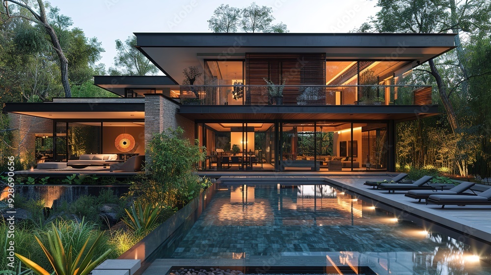 Modern house with pool and lush greenery. Modern house with pool and lush greenery.
