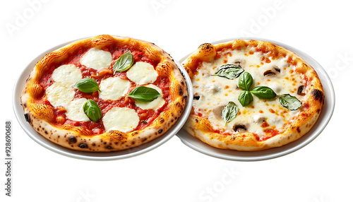 Two Pizzas with Mozzarella and Basil on a White Plate