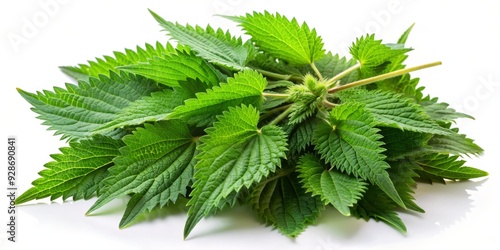 Fresh Green Stinging Nettle Leaves on White Background, stinging nettle, nettle leaves, herb, natural
