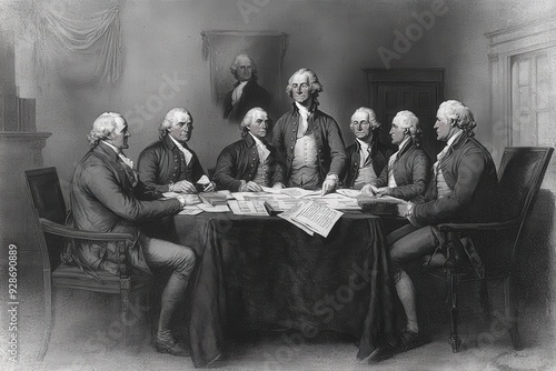 A depiction of the Founding Fathers gathered around a table drafting a significant historical document. The room is adorned with flags and other period-specific decorations.