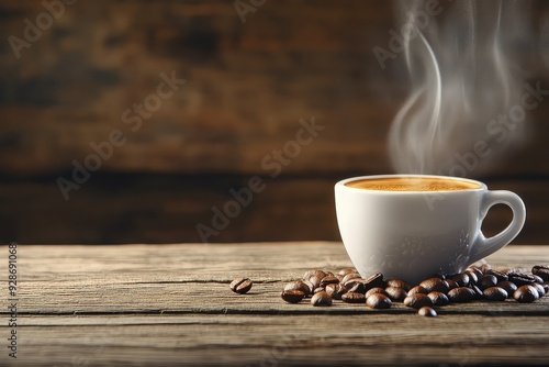 Steaming coffee cup on rustic wooden table