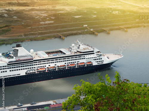 Luxury Cruise Liner Navigating Panama Canal Waterway