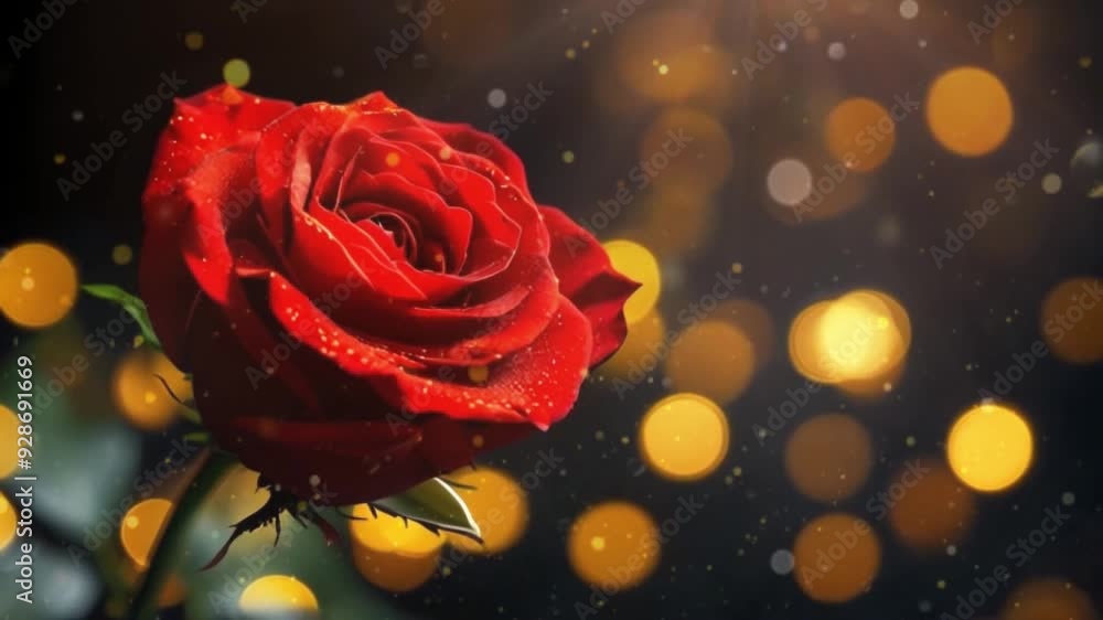 Red rose in sunshine with dark background and blittering bokeh Red rose in sunshine with dark background and blittering bokeh