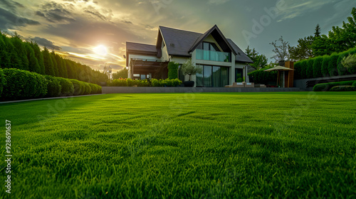 Wallpaper Mural Beautiful house backyard with fresh green grass Torontodigital.ca