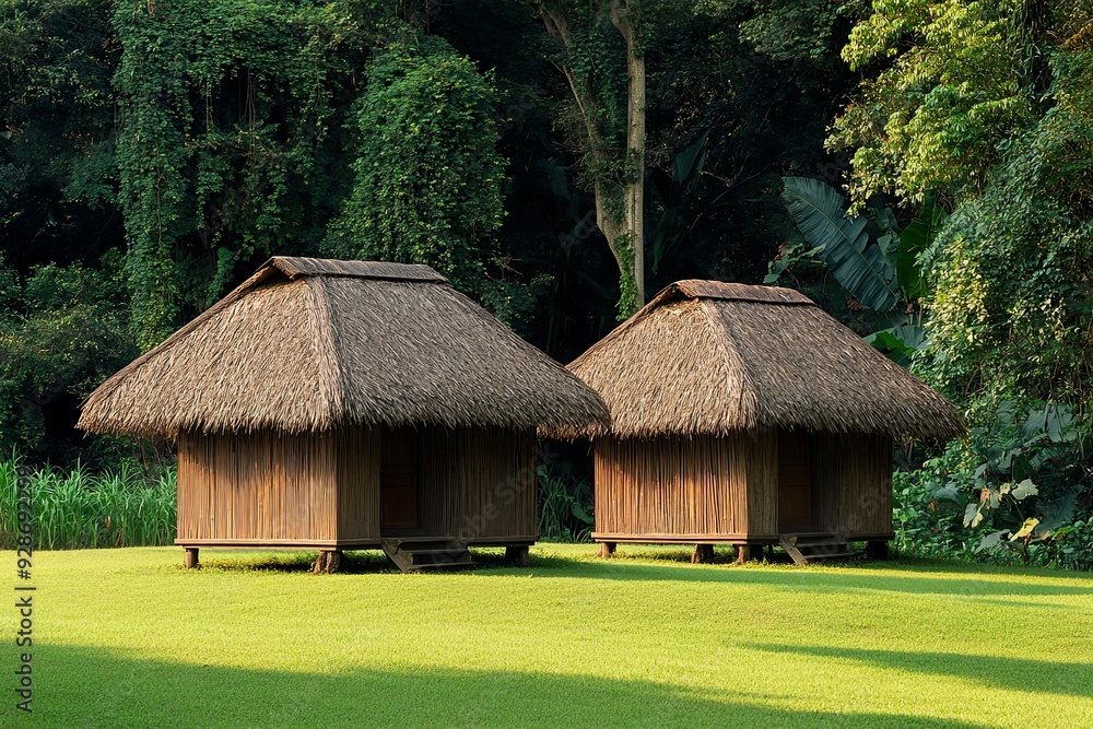 Traditional Thatched Huts in Tropical Rainforest Traditional Thatched Huts in Tropical Rainforest