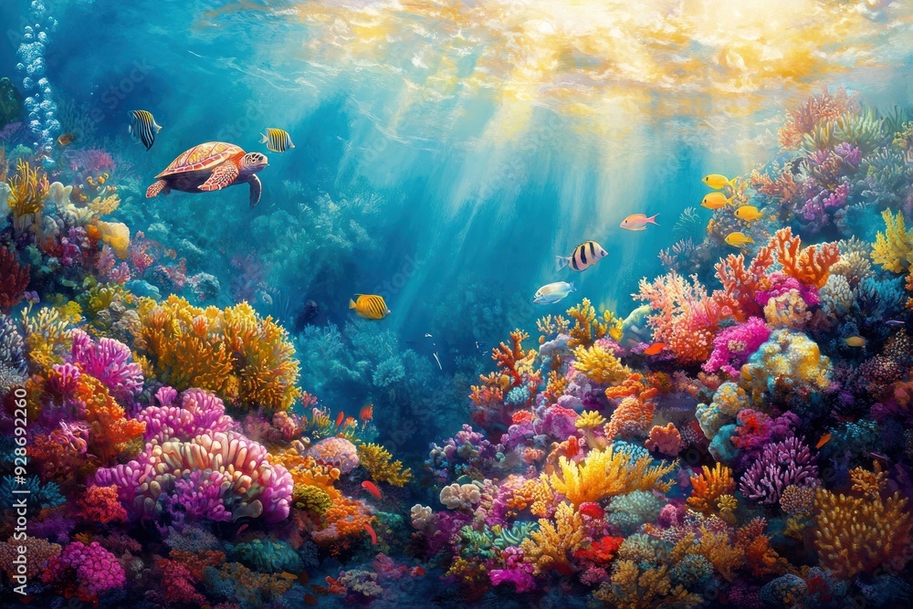 Naklejka premium Vibrant Coral Reef with Sea Turtle and Fish