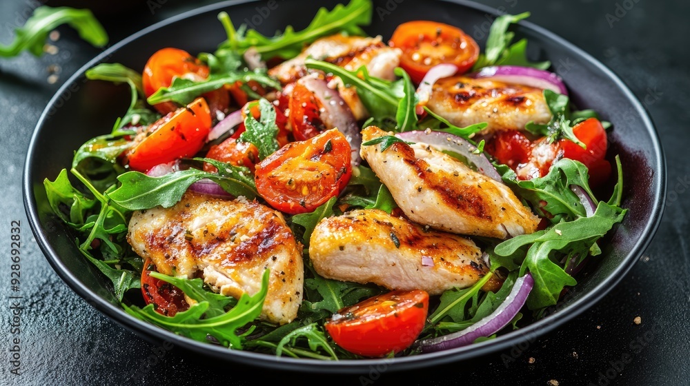A healthy fried chicken salad with crisp rocket leaves, ripe tomatoes, and red onions, set against a dark background, showcasing its fresh and vibrant appeal. A healthy fried chicken salad with crisp rocket leaves, ripe tomatoes, and red onions, set against a dark background, showcasing its fresh and vibrant appeal.