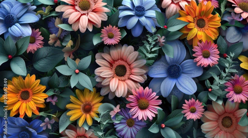 A cluster of differently colored flowers with lush green leaves, perfect for gardening or floral arrangements A cluster of differently colored flowers with lush green leaves, perfect for gardening or floral arrangements